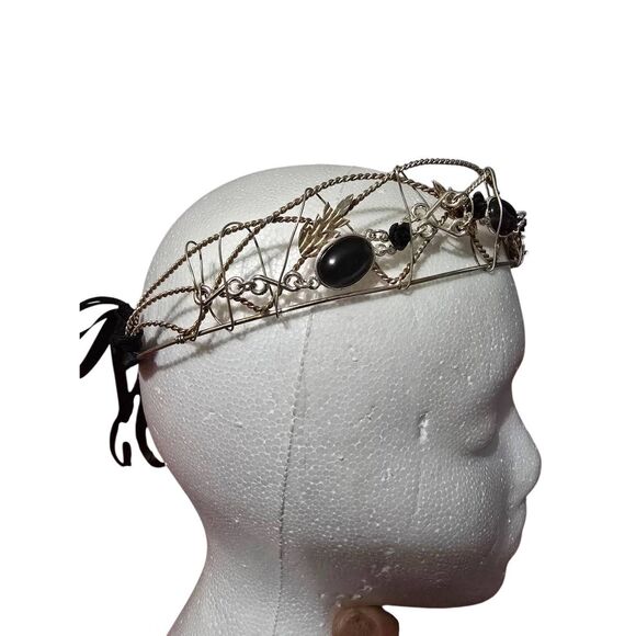 Handcrafted Custom Sterling Silver Circlet Crown with Black Onyx Cabachon and Ro - Picture 3 of 4